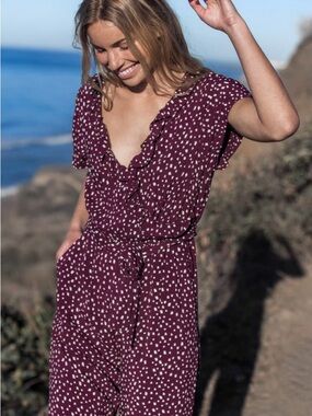 ROXY Dark Purple and White Printed Flutter V-Neck Jumpsuit